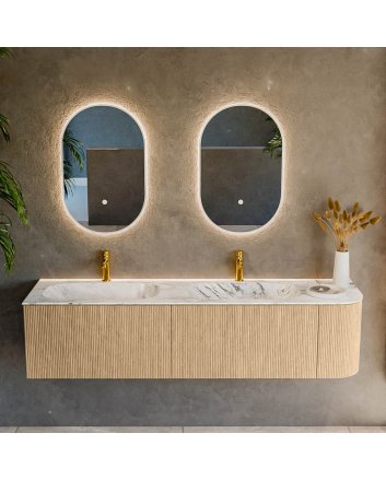 Mondiaz Kurve-Dlux 175cm badmeubel ronding Rechts kleur Oak met 2 lades en 1 deur. Wastafel Stor small Dubbel / Links 2 kraangaten Glace.