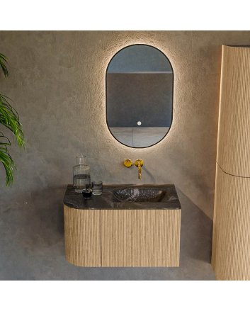 Mondiaz Kurve-Dlux 75cm badmeubel ronding Links kleur Oak met 1 lade en 1 deur. Wastafel Grunne Rechts zonder kraangat Lava.