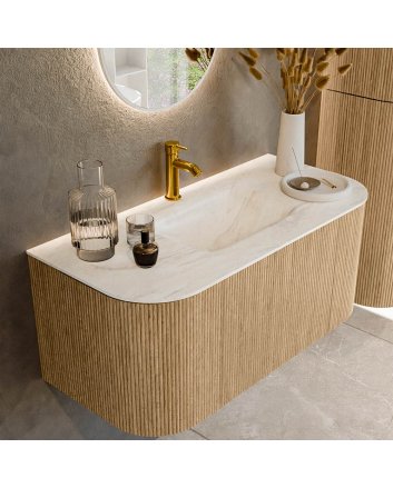 Mondiaz Kurve-Dlux 100cm badmeubel ronding Links + Rechts kleur Oak met 1 lade en 2 deuren. Wastafel Grunne Midden 1 kraangat Ostra.