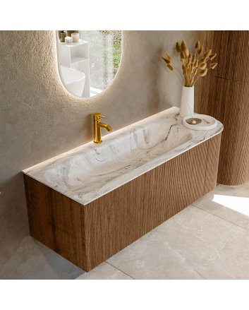 Mondiaz Kurve-Dlux 125cm badmeubel ronding Rechts kleur Walnut met 1 lade en 1 deur. Wastafel Big medium Links 1 kraangat Glace.