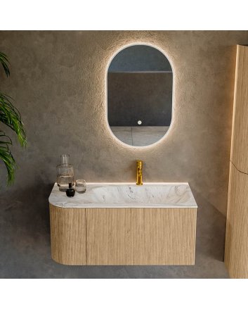 Mondiaz Kurve-Dlux 95cm badmeubel ronding Links kleur Oak met 1 lade en 1 deur. Wastafel Big small Rechts 1 kraangat Glace.