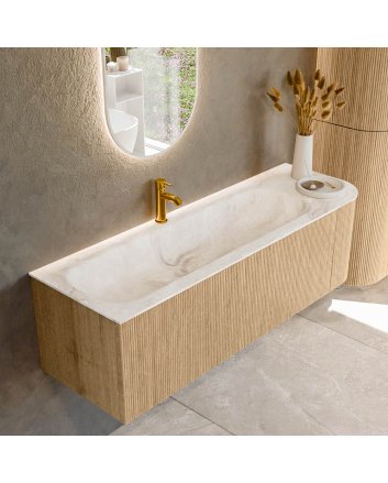 Mondiaz Kurve-Dlux 145cm badmeubel ronding Rechts kleur Oak met 1 lade en 1 deur. Wastafel Big large Links 1 kraangat Frappe.