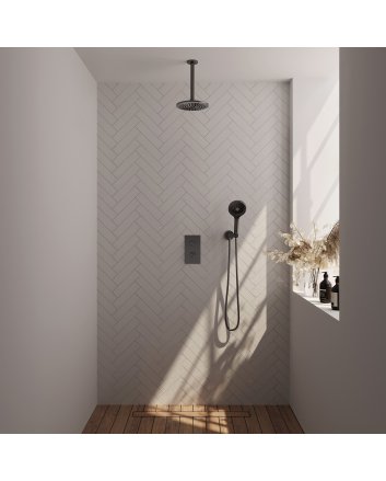 BRAUER Gunmetal Carving thermostatische inbouw regendouche 3-weg omstelling SET 35 met 20 cm douchekop en plafondarm en 3-standen handdouche en doucheslang en wandaansluitbocht gunmetal geborsteld PVD