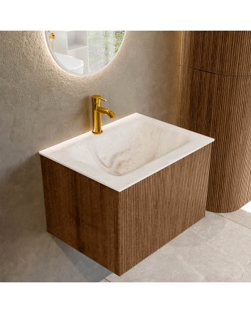 Mondiaz Kurve-Dlux 60cm badmeubel kleur Walnut met 1 lade en 0 deuren. Wastafel Cloud Midden 1 kraangat Frappe.