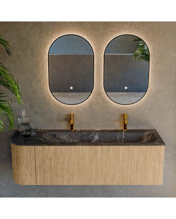 Mondiaz Kurve-Dlux 145cm badmeubel ronding Links kleur Oak met 1 lade en 1 deur. Wastafel Big large Rechts 2 kraangaten Lava.