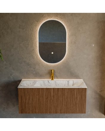 Mondiaz Kurve-Dlux 100cm badmeubel kleur Walnut met 1 lade en 0 deuren. Wastafel Big medium Midden 1 kraangat Glace.