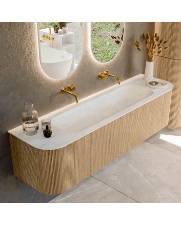 Mondiaz Kurve-Dlux 170cm badmeubel ronding Links + Rechts kleur Oak met 1 lade en 2 deuren. Wastafel Big large Midden zonder kraangat Opalo.