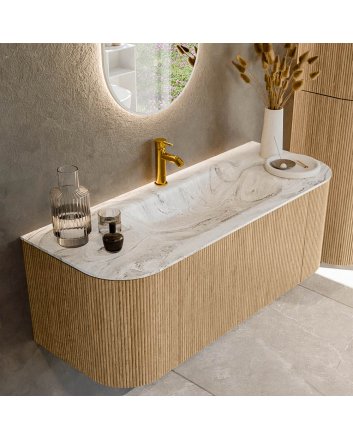 Mondiaz Kurve-Dlux 120cm badmeubel ronding Links + Rechts kleur Oak met 1 lade en 2 deuren. Wastafel Big small Midden 1 kraangat Glace.
