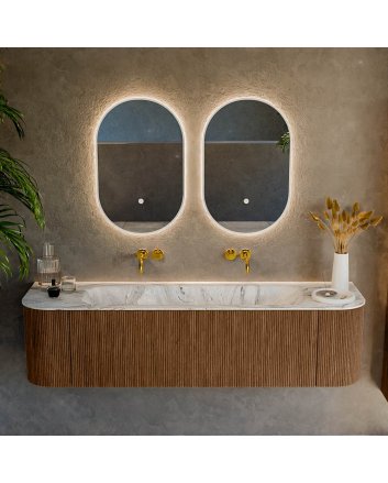 Mondiaz Kurve-Dlux 170cm badmeubel ronding Links + Rechts kleur Walnut met 1 lade en 2 deuren. Wastafel Big large Midden zonder kraangat Glace.