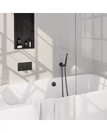 BRAUER Black Carving thermostatische inbouw badkraan met drukknoppen SET 03 met badvulcombinatie en staaf handdouche en doucheslang en wandaansluitbocht mat zwart