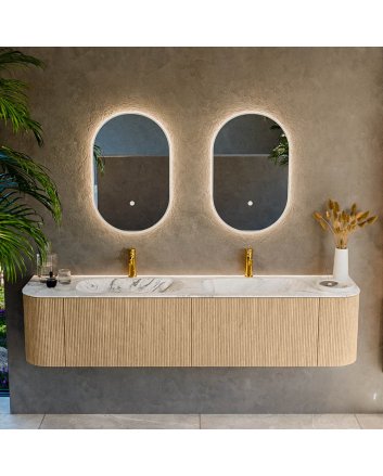 Mondiaz Kurve-Dlux 190cm badmeubel ronding Links + Rechts kleur Oak met 2 lades en 2 deuren. Wastafel Stor small Dubbel 2 kraangaten Glace.
