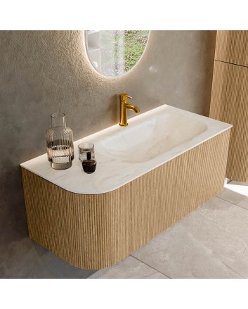 Mondiaz Kurve-Dlux 105cm badmeubel ronding Links kleur Oak met 1 lade en 1 deur. Wastafel Big small Rechts 1 kraangat Ostra.