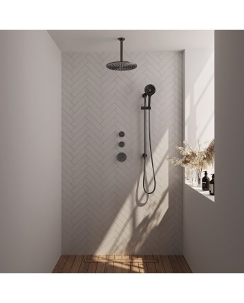 BRAUER Gunmetal Carving thermostatische inbouw regendouche SET 24 met 30 cm douchekop en plafondarm en 3-standen handdouche en doucheslang en geïntegreerde glijstang gunmetal geborsteld PVD