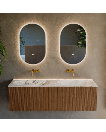 Mondiaz Kurve-Dlux 140cm badmeubel kleur Walnut met 2 lades en 0 deuren. Wastafel Stor small Dubbel zonder kraangat Glace.