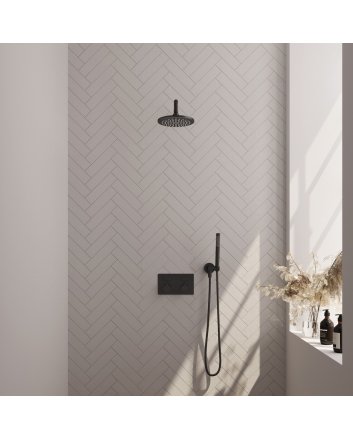 BRAUER Black Carving thermostatische inbouw regendouche met drukknoppen SET 51 met 20 cm douchekop en gebogen muurarm en staaf handdouche en doucheslang en wandaansluitbocht mat zwart