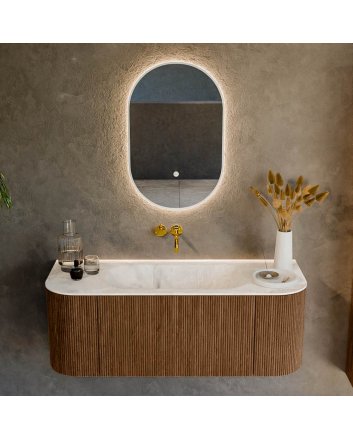 Mondiaz Kurve-Dlux 120cm badmeubel ronding Links + Rechts kleur Walnut met 1 lade en 2 deuren. Wastafel Big small Midden zonder kraangat Frappe.