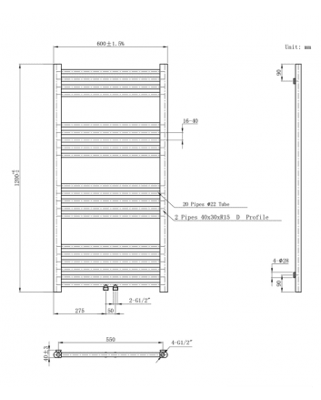 1200x600 414 Watt | Handdoekradiator Geborsteld Goud Midden Aansluiting