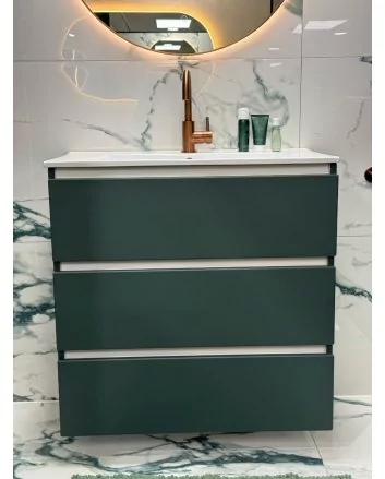 Op=op showroom kansje - drie laden mat groene badmeubel onderkast met keramische lage witte wastafel